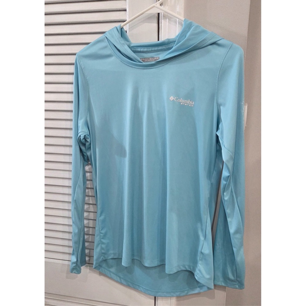 Columbia Omni-Shade PFG Hooded Long Sleeve Top Light Blue Womens Medium